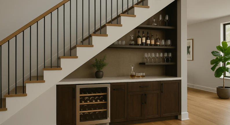 Home bar planejado embaixo da escada, com adega embutida, prateleiras para taças e garrafas, em ambiente moderno de sala com piso de madeira