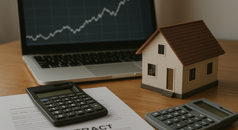 Mesa de escritório com contrato, calculadoras, maquete de casa e gráfico em laptop mostrando alta da Selic, simbolizando a comparação entre renda fixa e mercado imobiliário